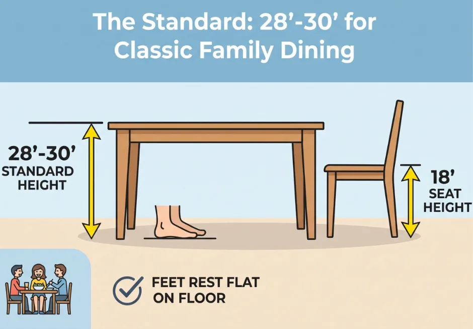 An infographic illustrating the 28-30 inch height range for a standard dining table and typical 18-inch chair seating