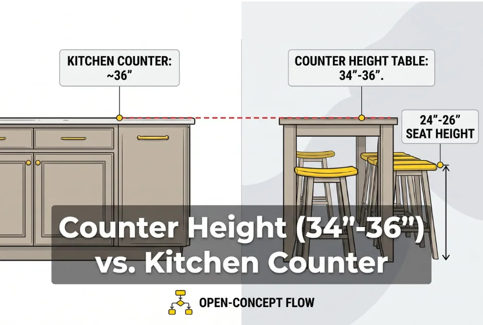 A diagram comparing the height of a 34-36 inch counter height table with a standard 36 inch kitchen counter.