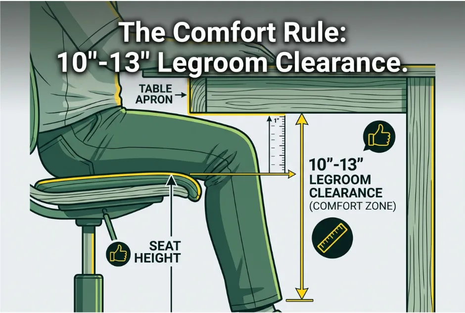 A close-up schematic diagram showing the 10 to 13 inch clearance needed for legroom under a dining table.