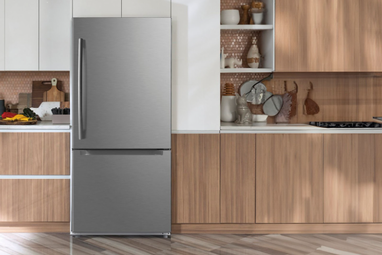 Grey refrigerator in a clean, modern kitchen