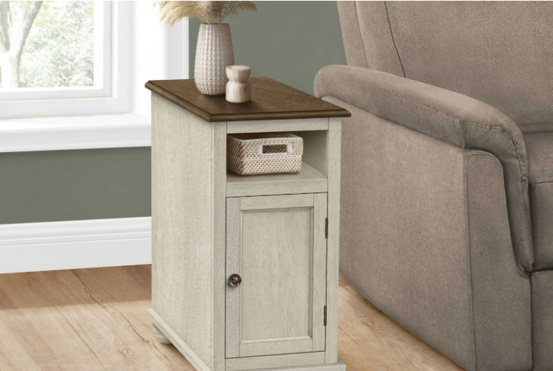 A clean, minimalist accent table beside a couch