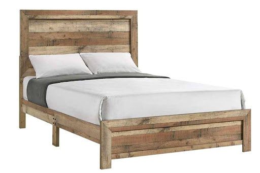 Minhas&rsquo;s rustic queen-sized bed with a distressed wood design, perfect for homes with contemporary designs