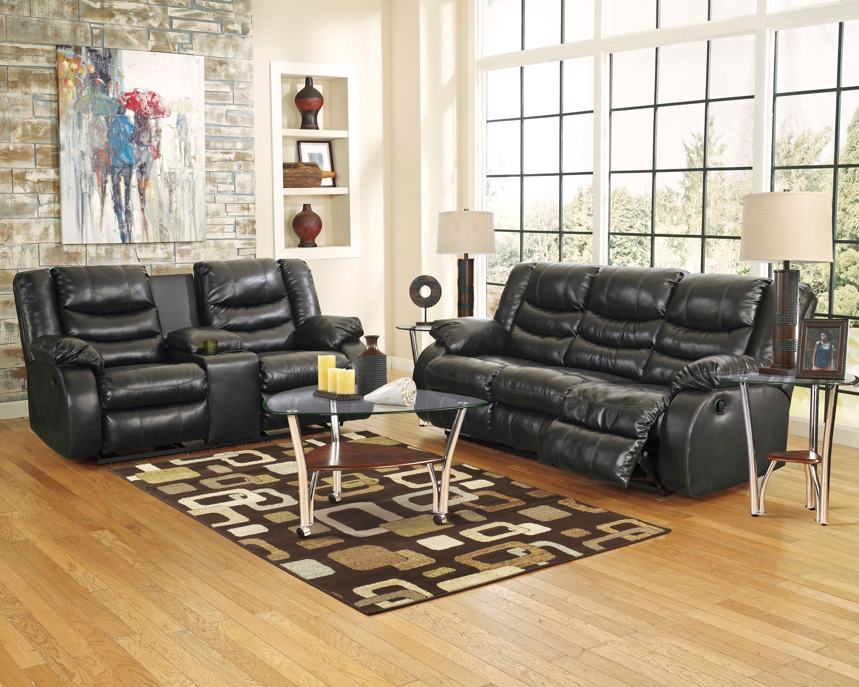 Linebacker Black Bonded Leather Double Motion Sofa/Loveseat