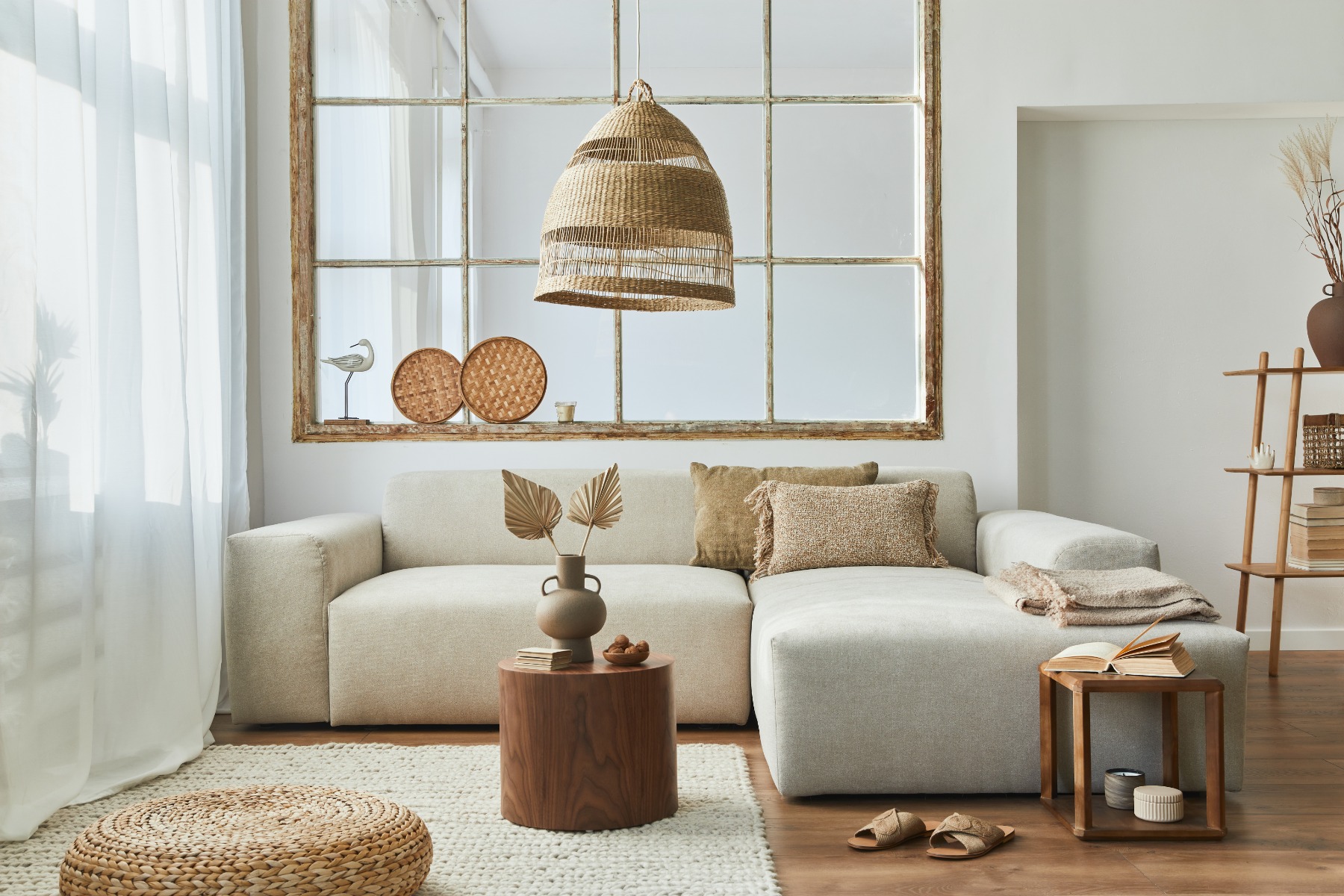 A cream sectional in a living room