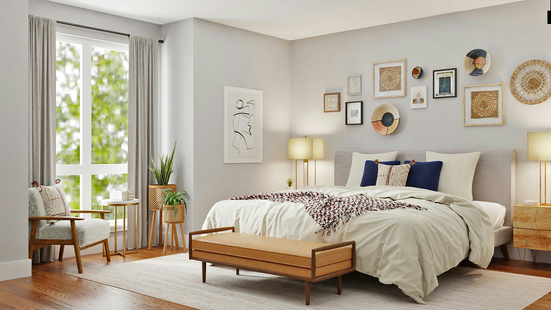 A white-themed modern bedroom