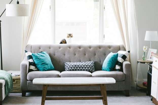 Cozy apartment living room with grey sofa.