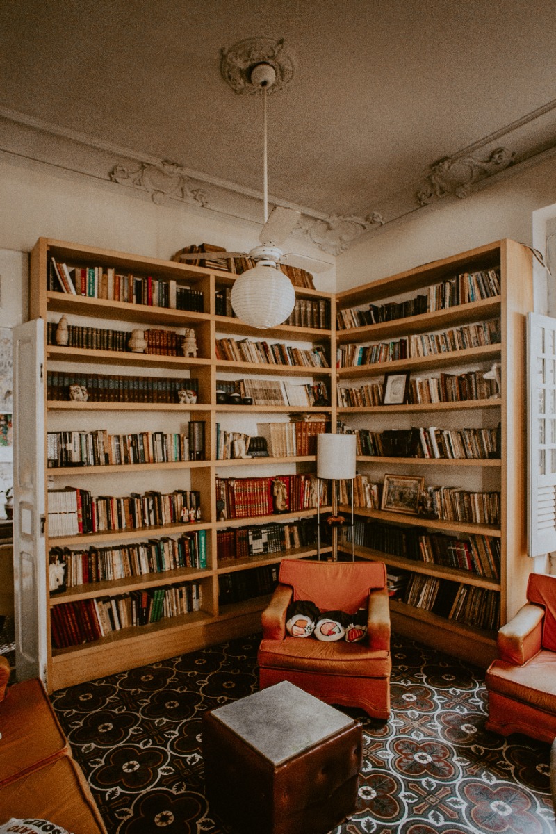 A chair with bookshelves in the background