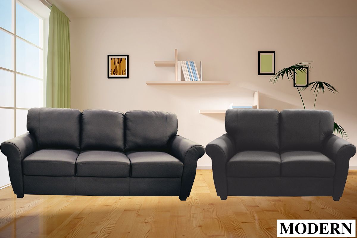 Black leather sofa set, style 0121