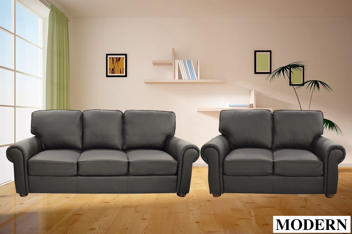 Black leather sofa set, style 0861