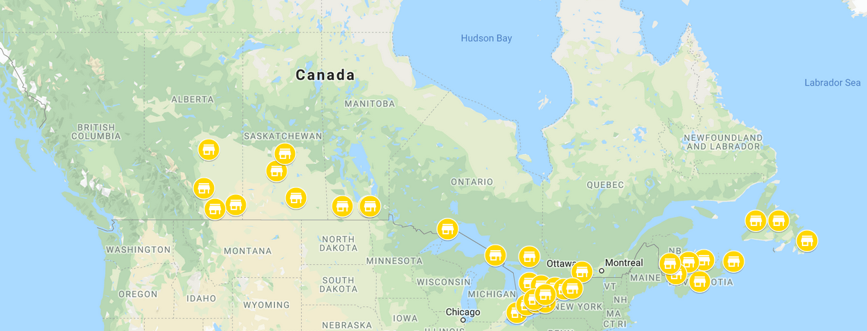 Map of Surplus Furniture locations across Canada