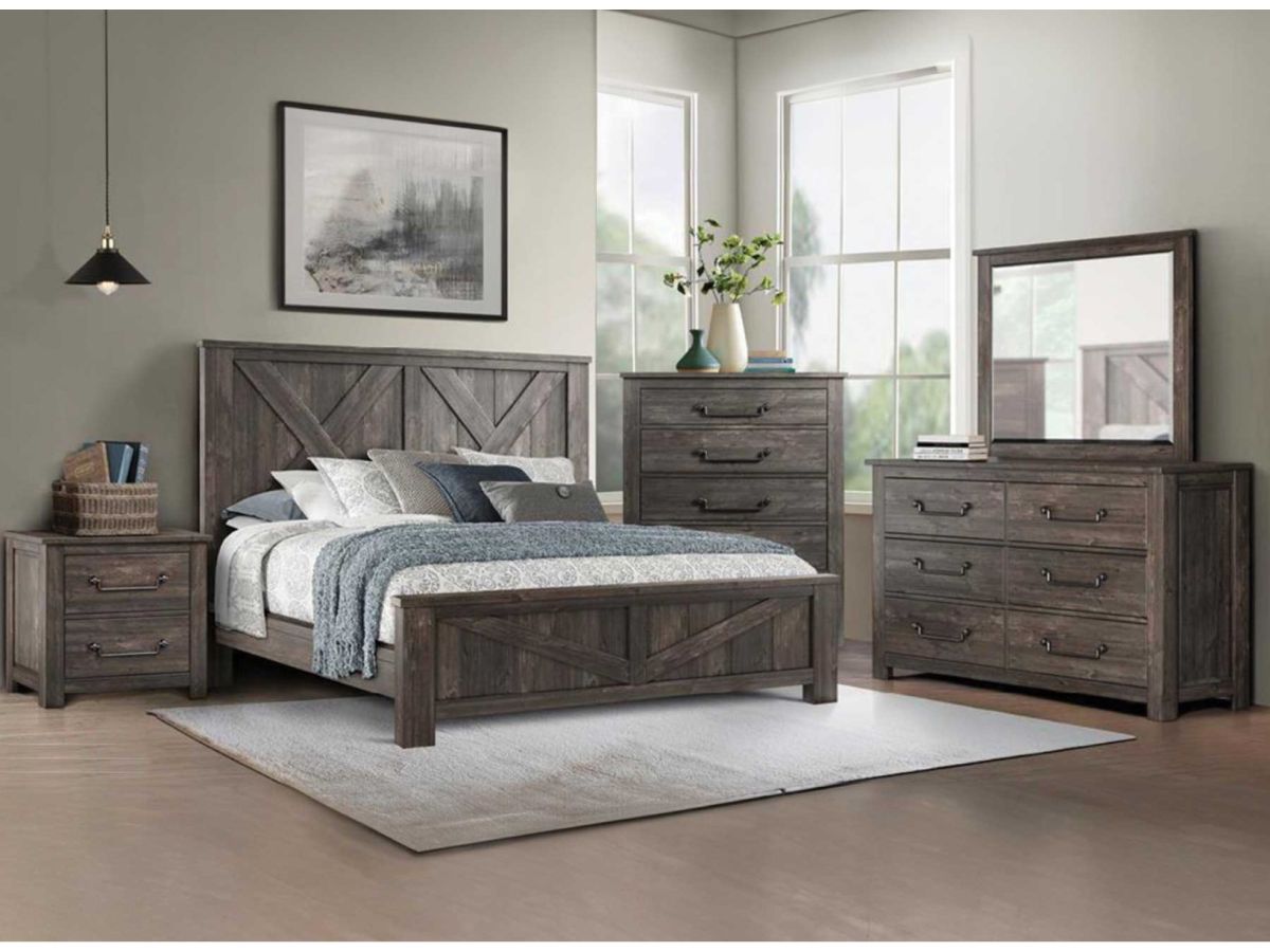 A matching bedroom set in a beige and blue room