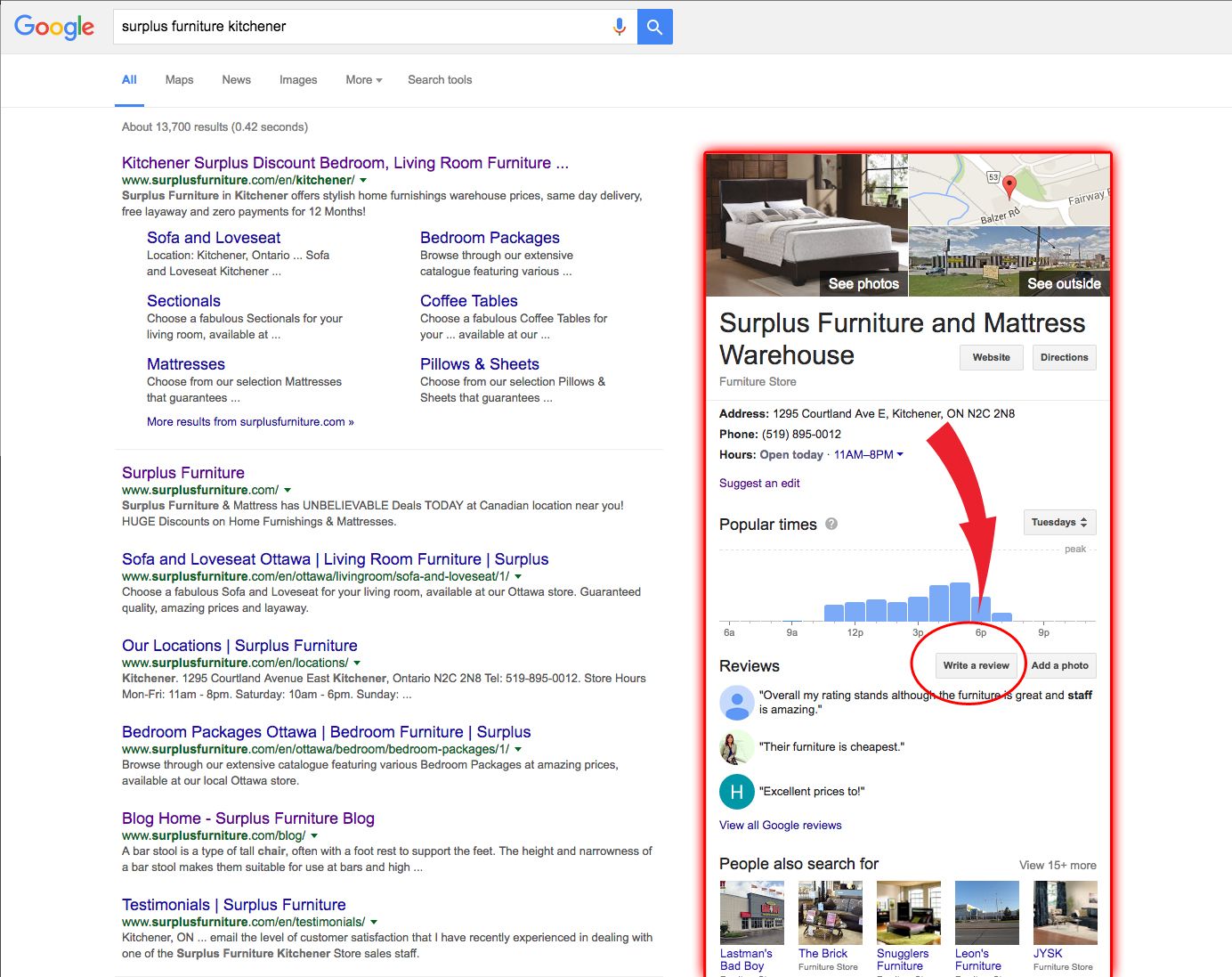 Example of a Google review listing for Surplus Furniture
