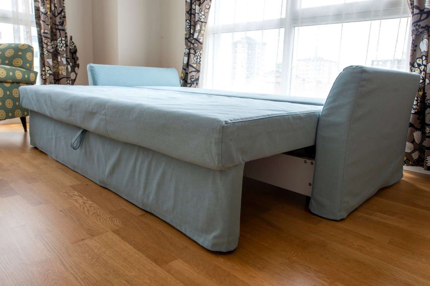 Sofa-bed setup in a condo living room