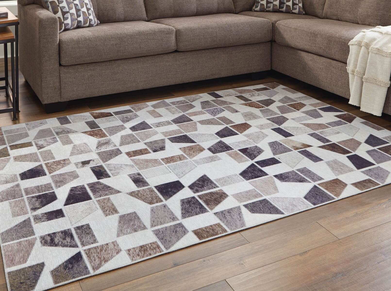 Area rug in a styled living room