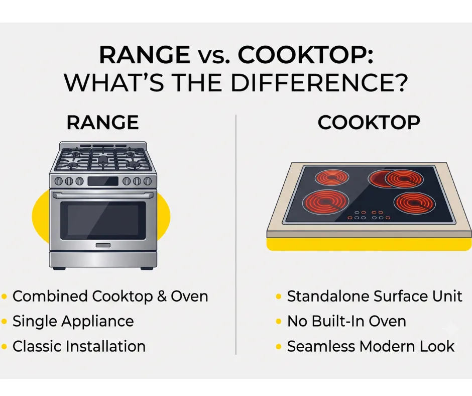 An infographic comparing the physical difference between a complete range unit and a standalone cooktop surface