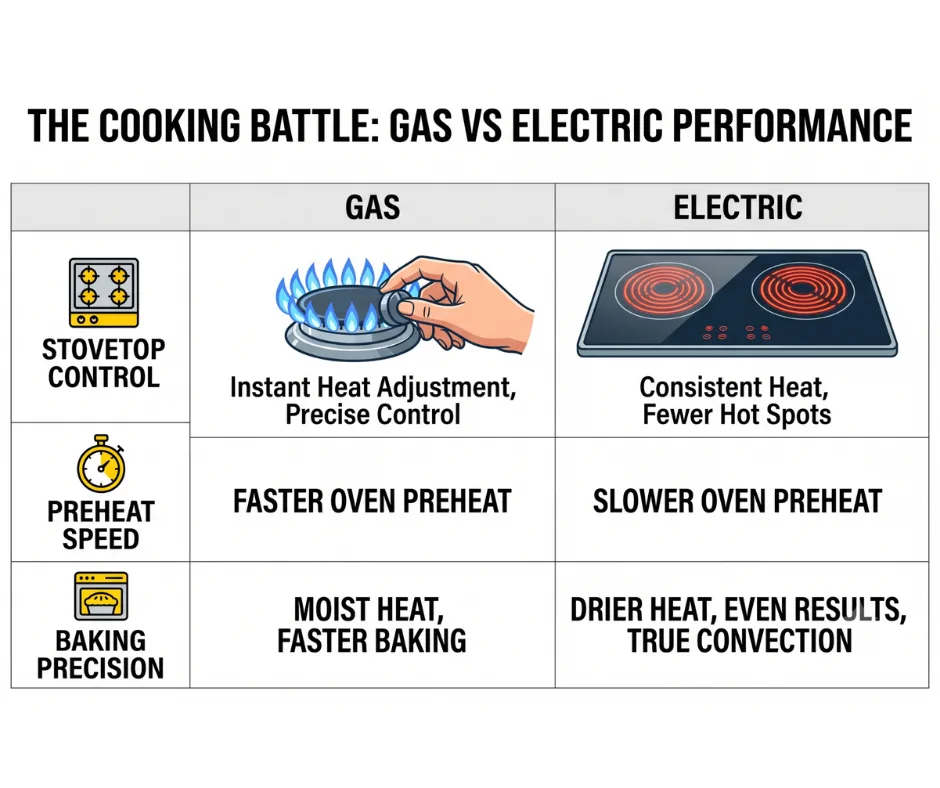 Performance comparison chart for gas and electric stoves, showing stovetop control, preheat speed, and oven precision.