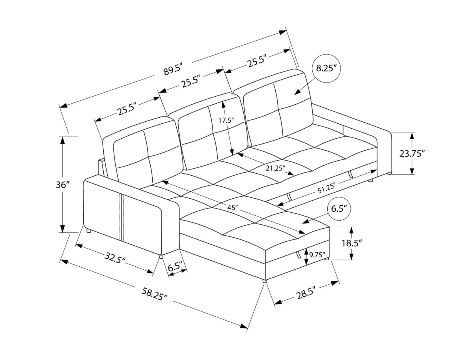 Black Fabric Storage Sleeper Sectional — Dimensions