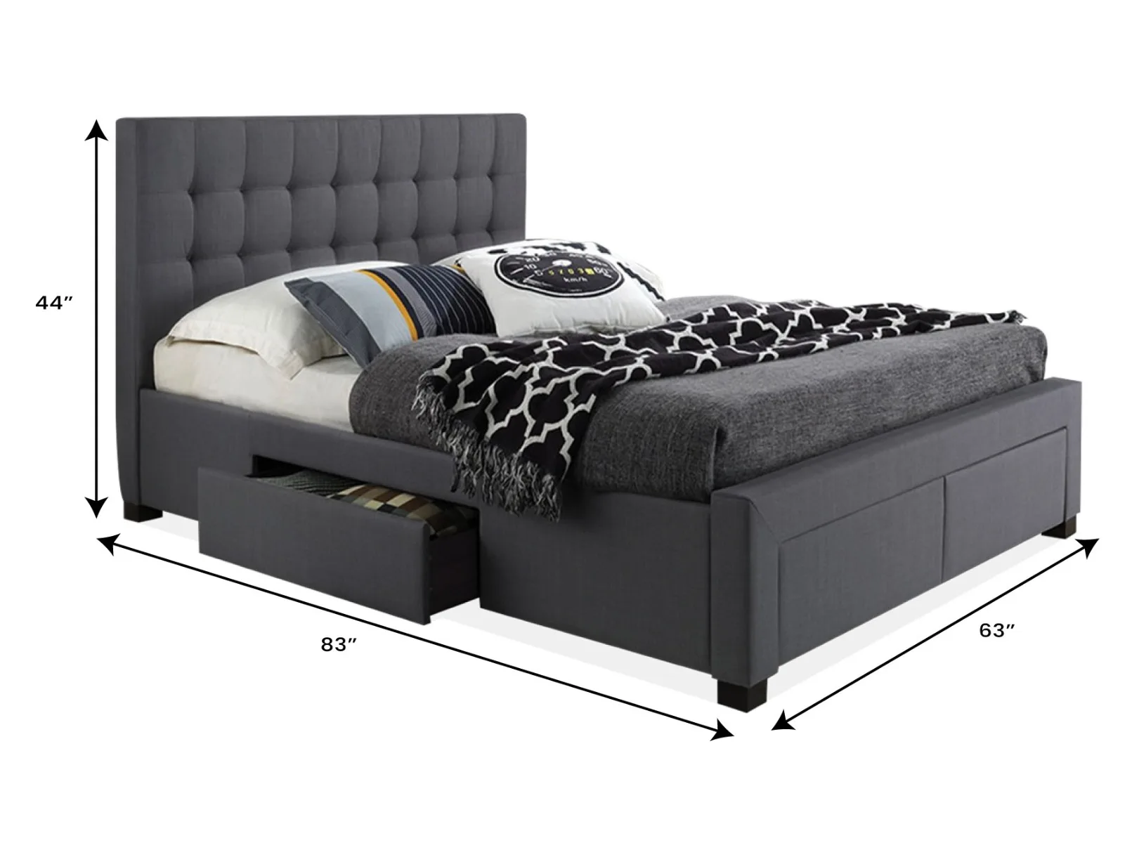 Grey Queen Storage Bed — Dimensions