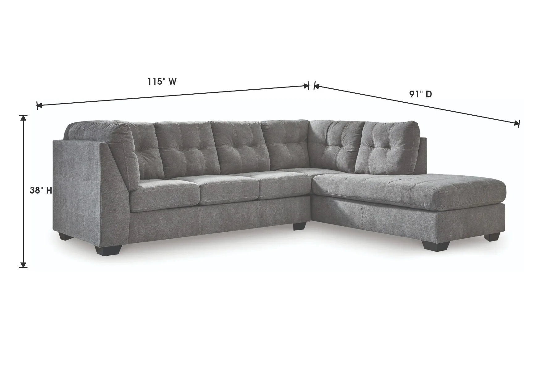 Marleton Gray 2-Piece Right Facing Sectional — Dimensions
