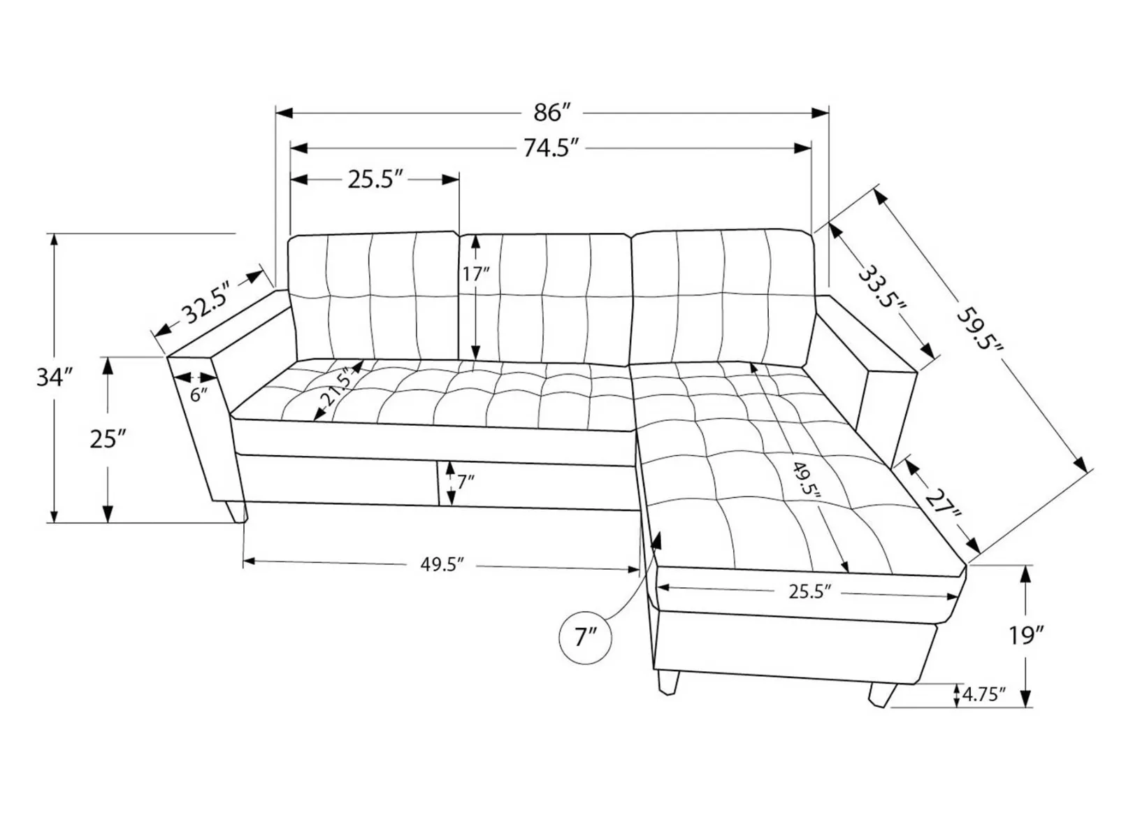 Grey 2-Piece Sectional — Dimensions