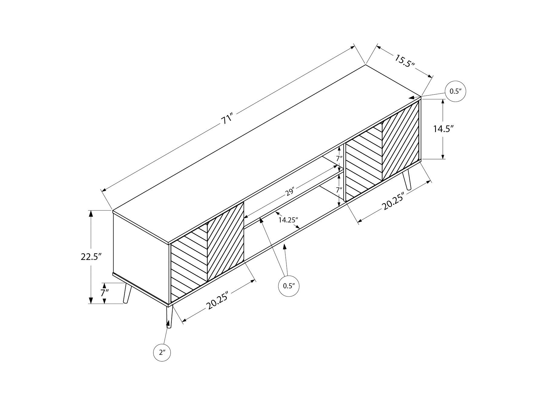 Black with Wood Doors 7" TV Console — Dimensions