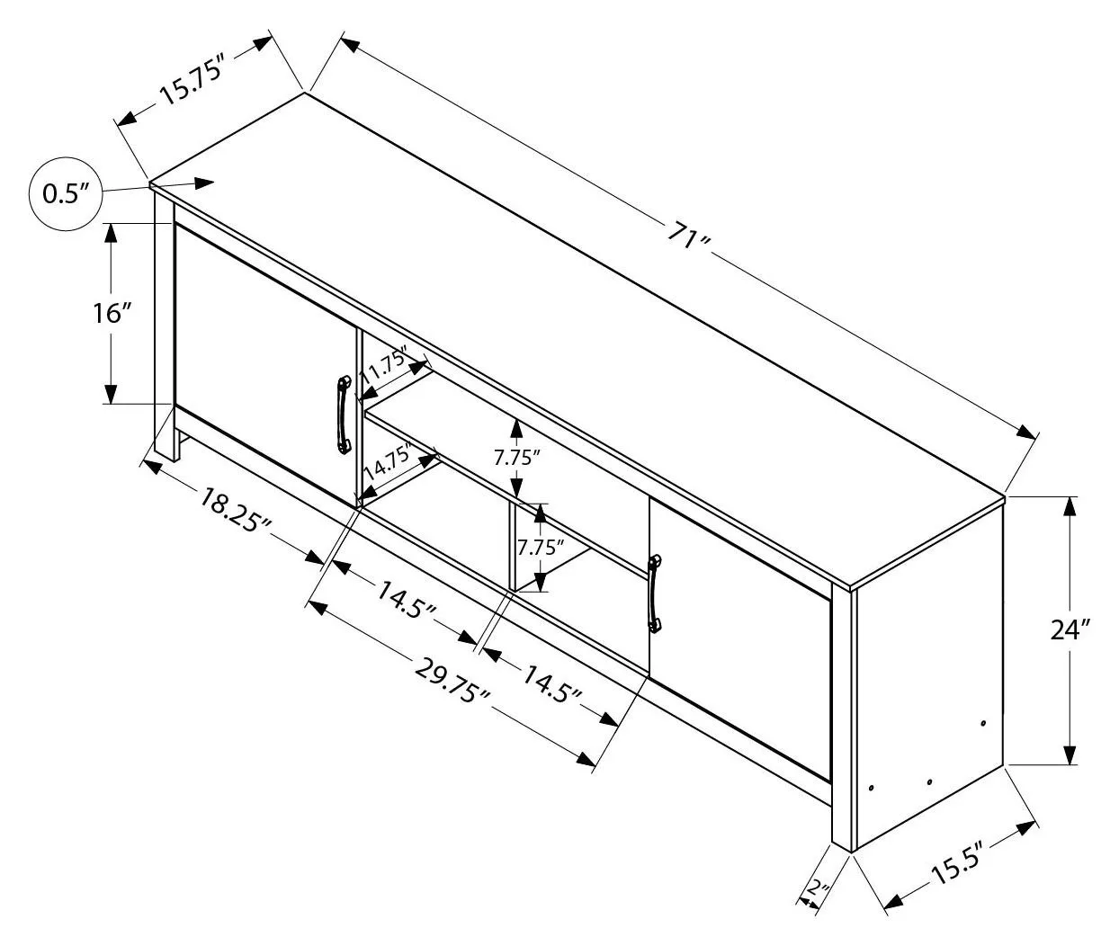 Rustic Grey w/ 2 Doors 72" TV Console — Dimensions