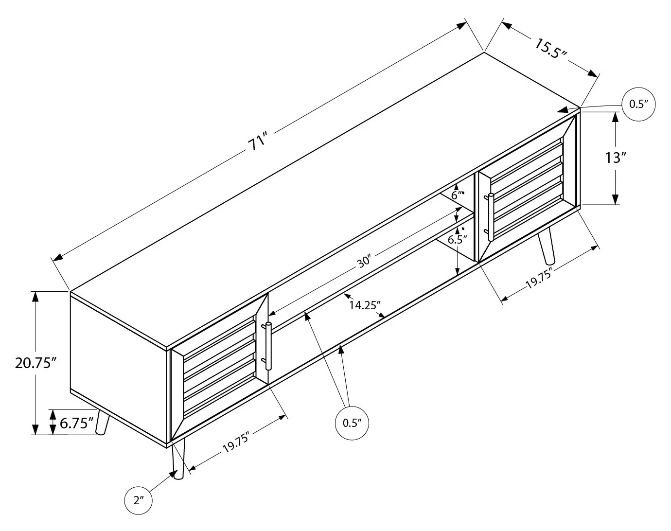 72" TV Console Walnut Finish w/2 Doors  — Dimensions