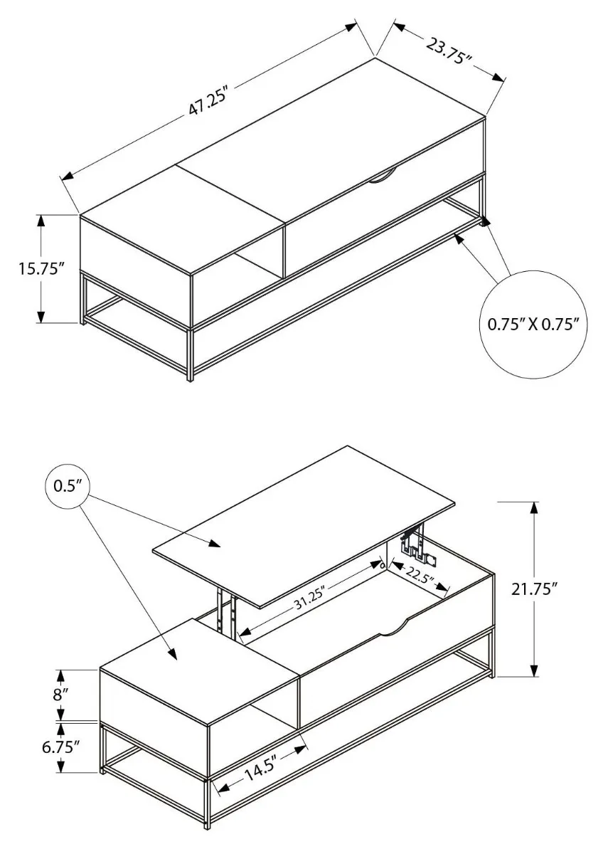Black/Metal 48" Lift Top Coffee Table — Dimensions