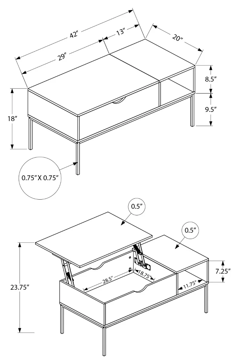 Washed Oak & Black Metal 42" Lift Top Coffee Table — Dimensions