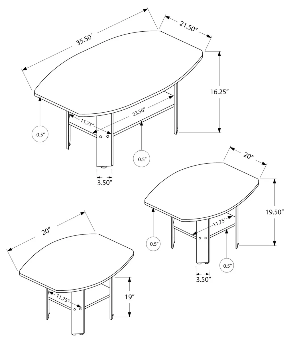 Grey 3-Piece Coffee Table Set — Dimensions