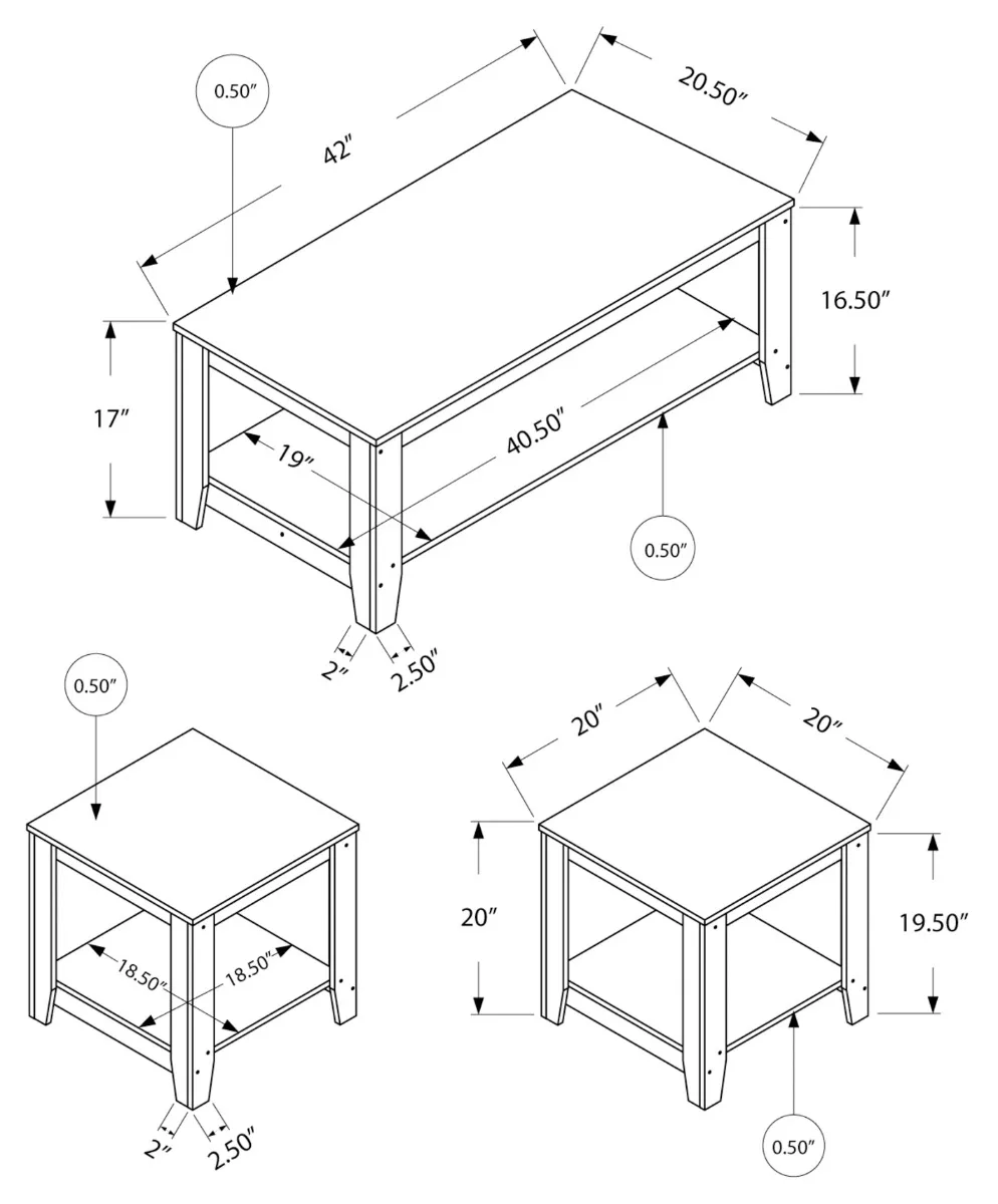 Industrial Grey 3-Piece Coffee Table Set  — Dimensions