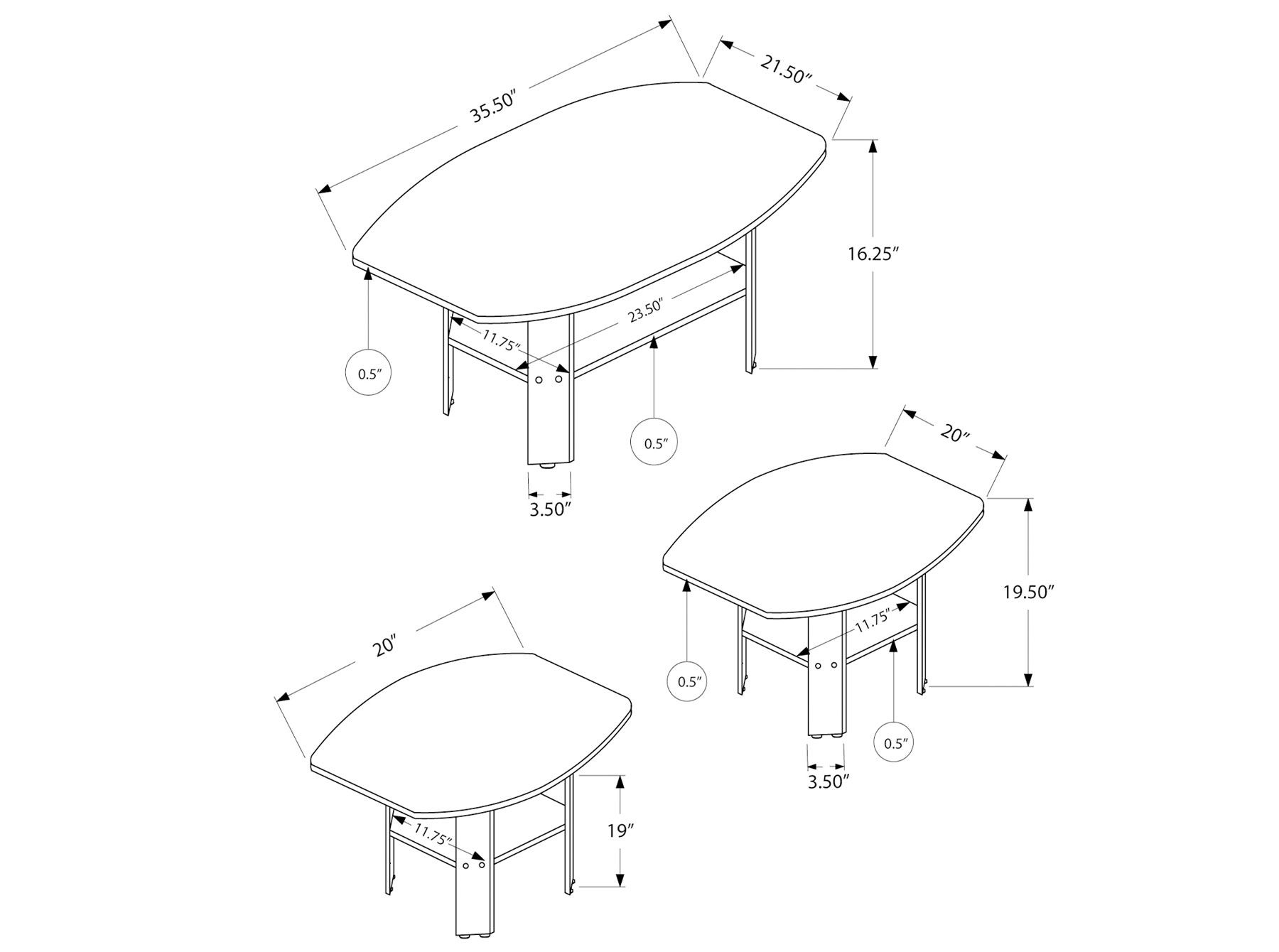 Industrial Grey 3-Piece Coffee Table Set  — Dimensions