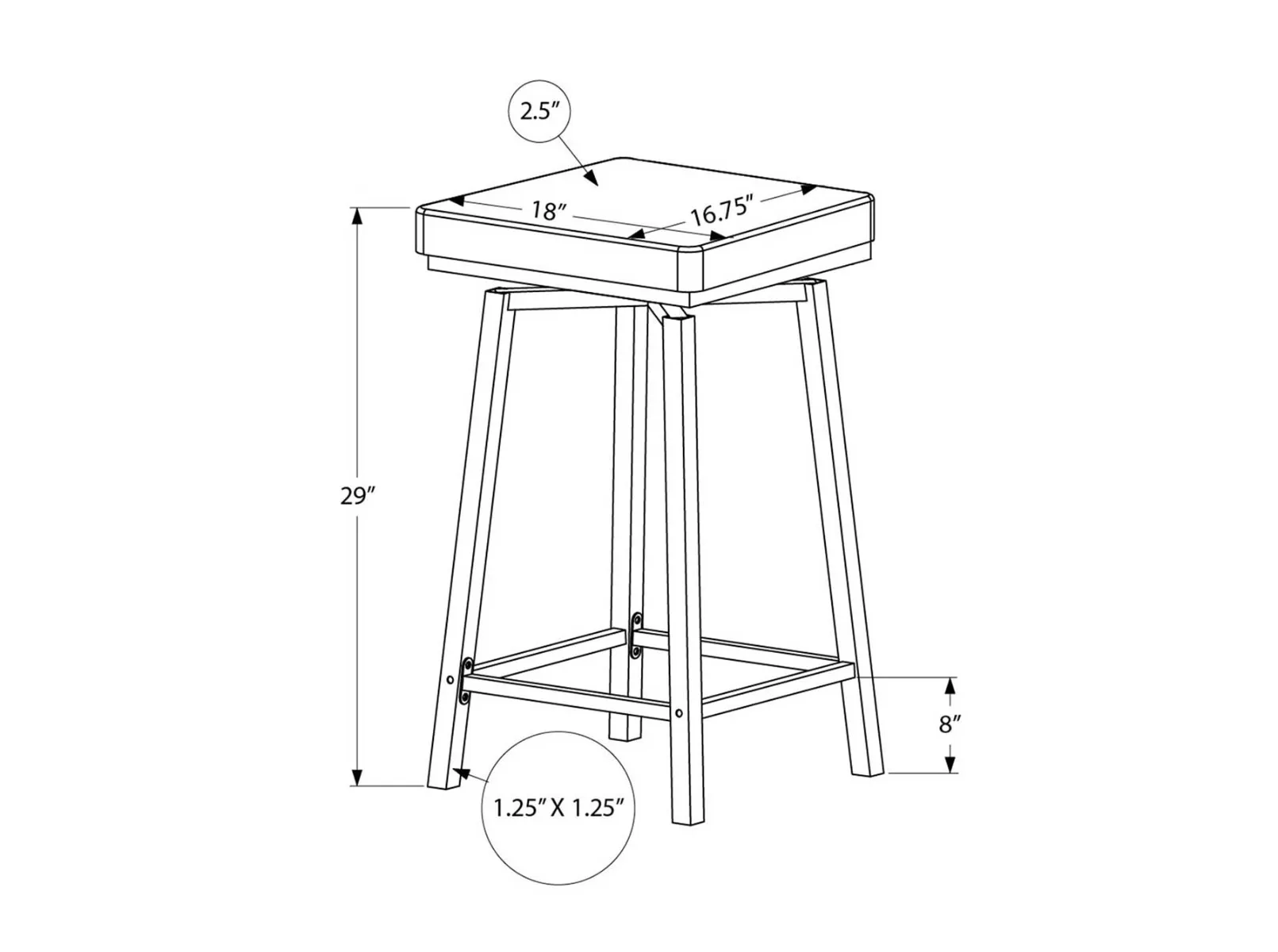 Grey Leather-Look Swivel Bar Stool — Dimensions