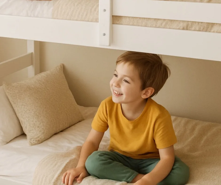 Little boy at the bottom bunk of a white bunk bed for kids