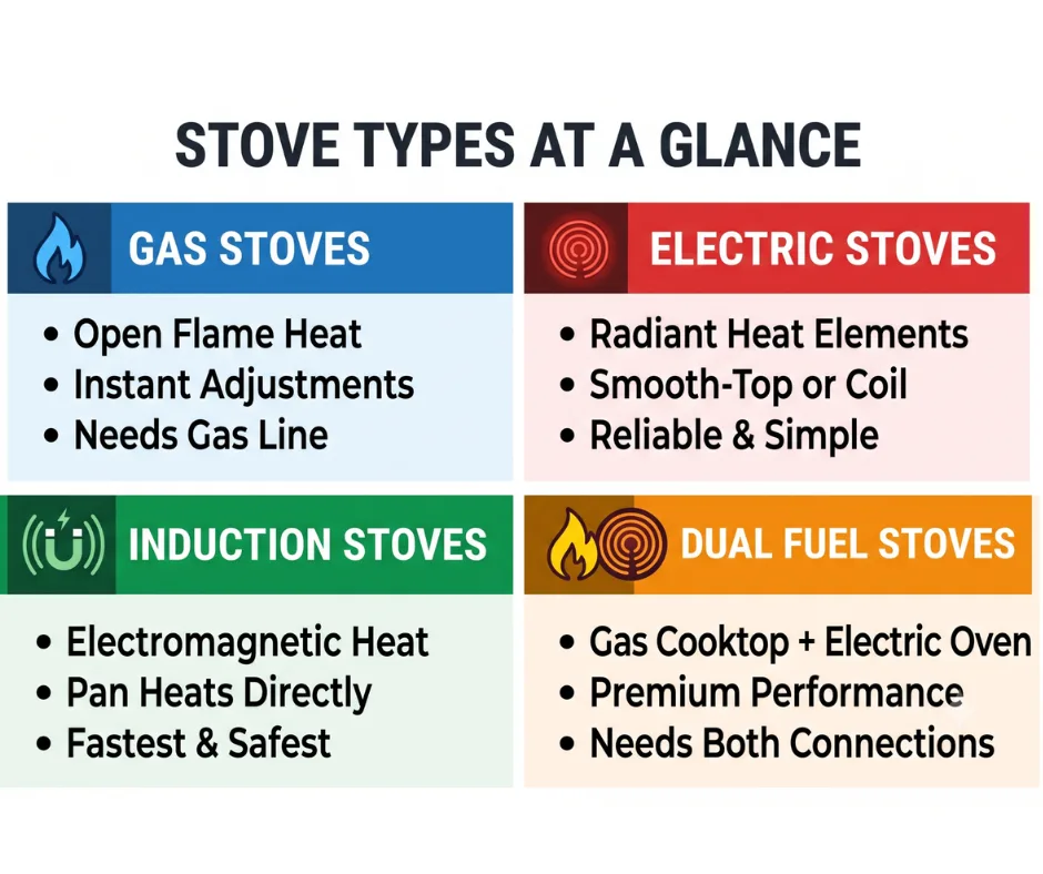 The four main types of stoves (Gas, Electric, Induction, Dual Fuel) across categories